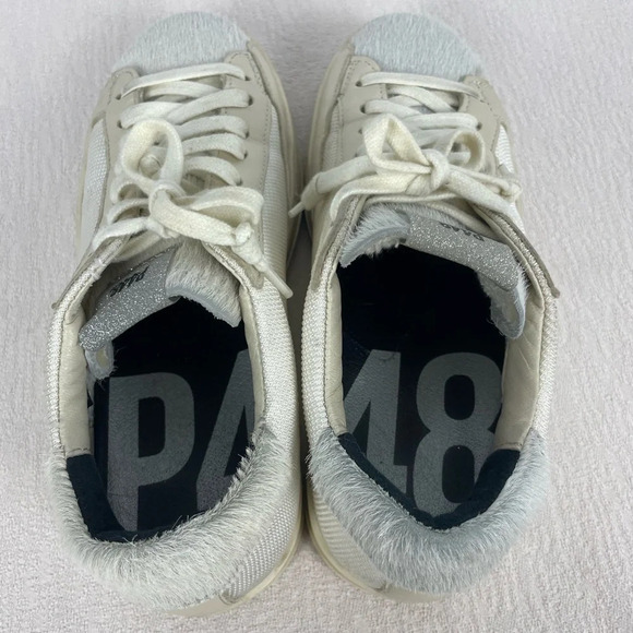 P448 Cream Low Top John Yeti Fur Lace Up Distressed Sneaker - Picture 12 of 14